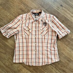 Harley Davidson Y2K Plaid Button Up, orange, brown, Sz L